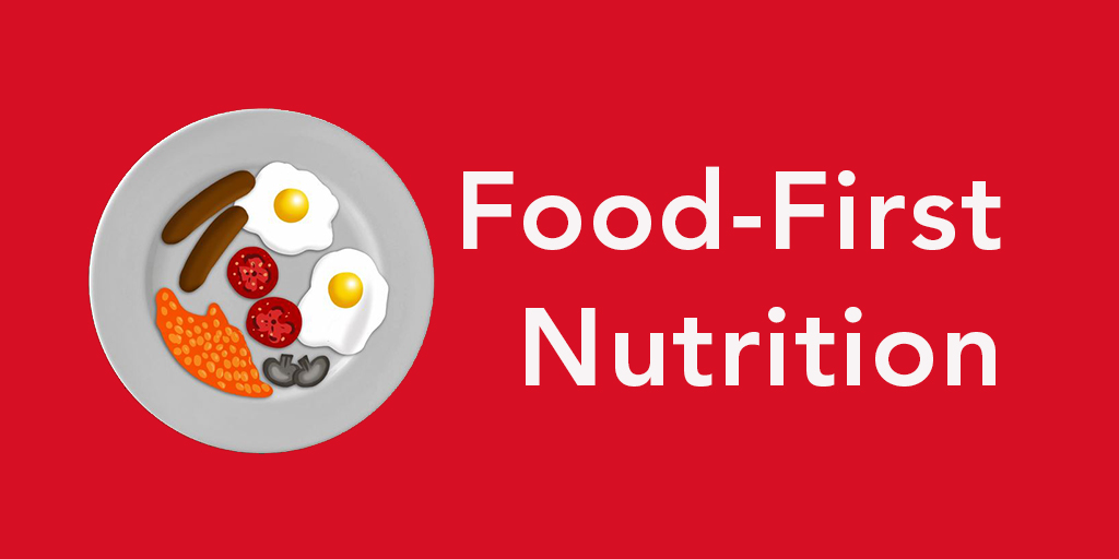 Animation of food on a plate with words 'Food-First Nutrition'