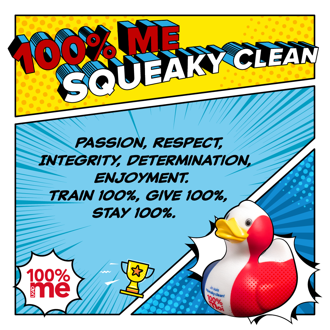 Pop art style graphic, saying "100% me squeaky clean. Passion, respect, integrity, determination and enjoyment'