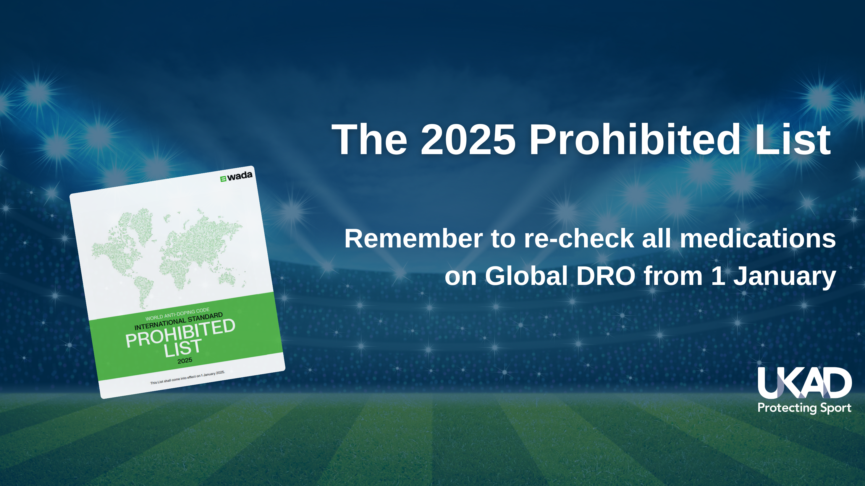 Graphic that reads "The 2025 Prohibited List. Remember to re-check all medications on Global DRO from 1 January"