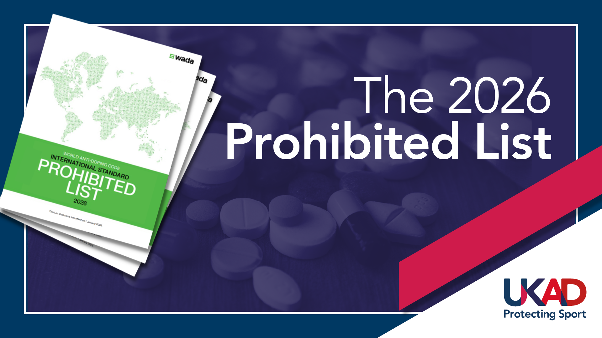 Medication with an overlay of the 2026 Prohibited List booklet