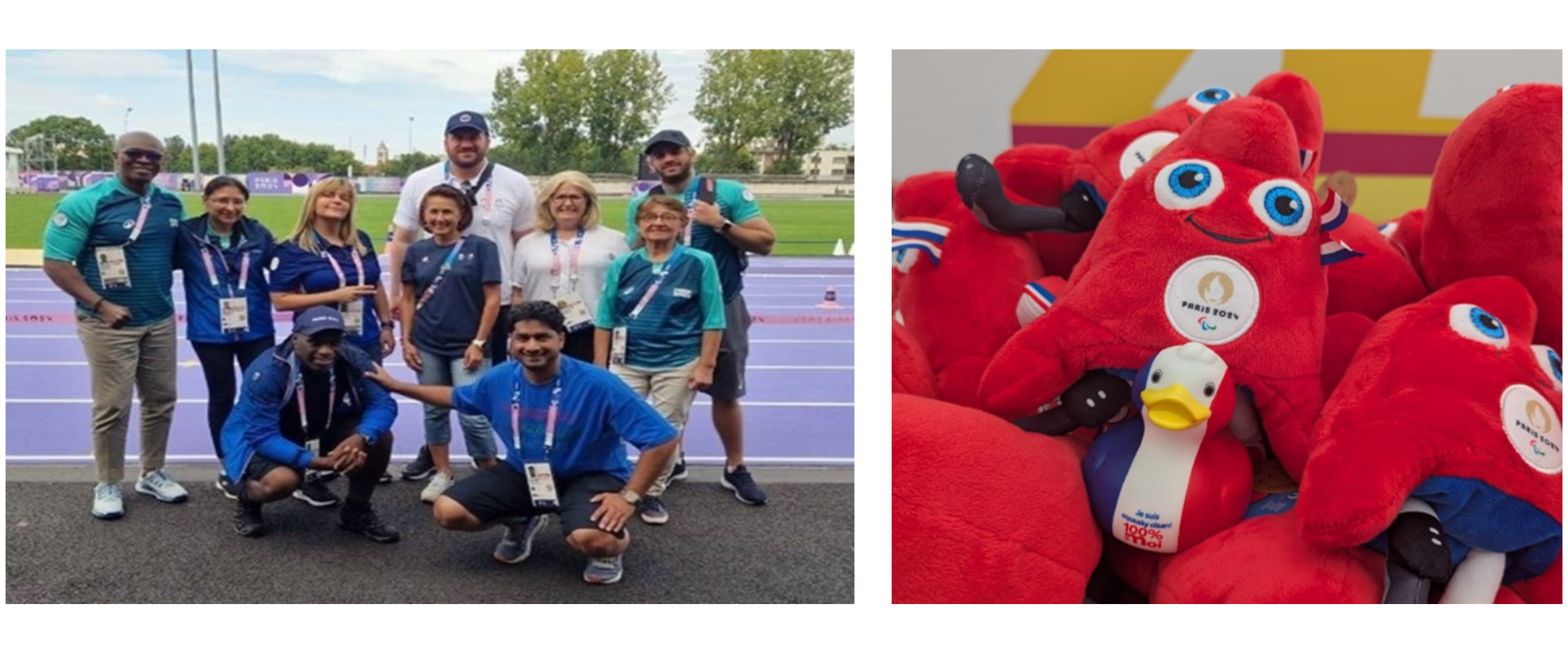 The picture shows two images. From left to right as follows: Members of UKAD's Doping Control with International Doping Control Officers at the Paris 2024 Paralympics. Right image shows a picture of Squeaky UKAD clean sport mascot amongst Paris 2024 mascots.