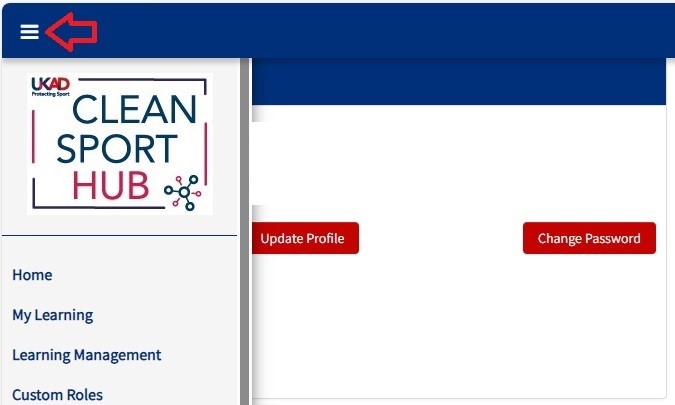 Screenshot of clean sport hub showing a red arrow pointing to the top left hand corner of the screen where there are 3 white lines