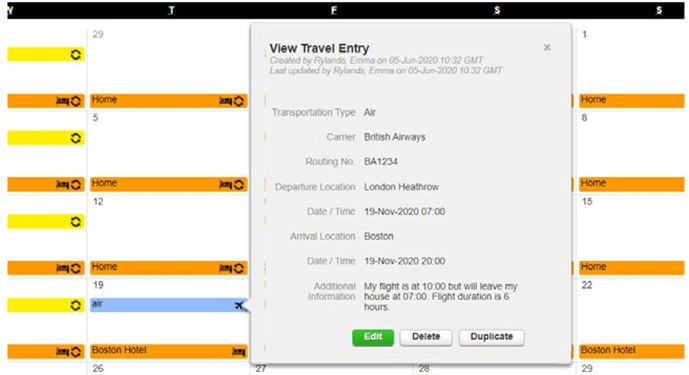 Screenshot of ADAMS when entering travel information